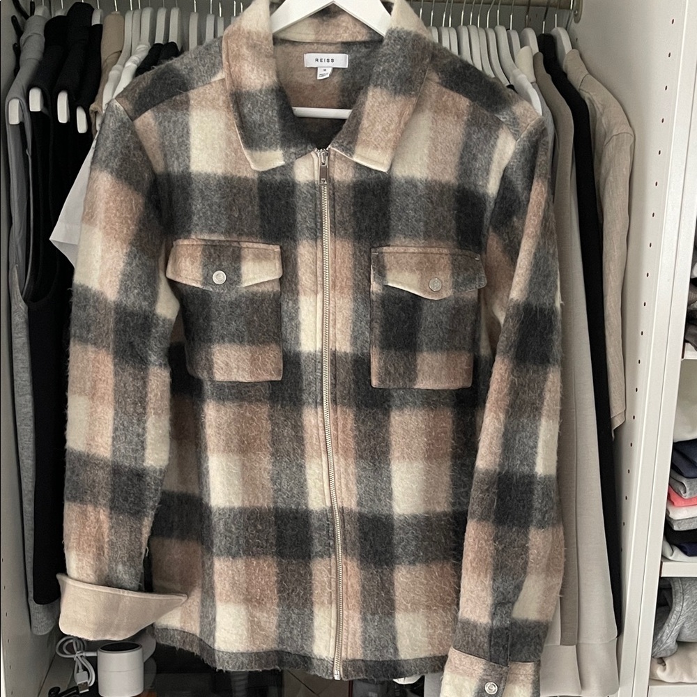 Reiss Plaid Zip-Front Wool Blend Shacket - Beige/Black